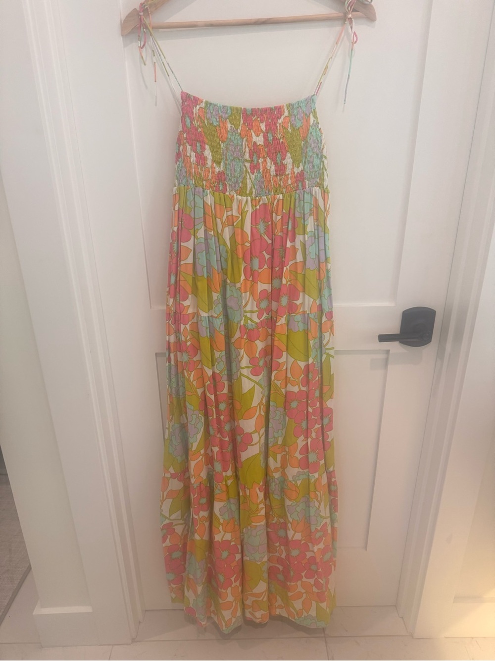 Smocked Floral Maxi Dress in Orange & Green